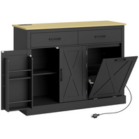 HOMCOM Farmhouse Sideboard Cabinet with Charging Station & Hidden Garbage Storage - Black-Two AC outlets, a USB and a USB-C port to charge appliances easily. Back cable hole for wire management