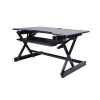 Rocelco 32" Sit To Stand Ergonomic Adjustable Height Desk Riser with Easy Up-Down Handles, Black-Large Work Surface: 32" wide by 20.5" deep desktop that holds up to two 24" monitors or one 32" monitor and retractable keyboard tray is 21" wide by 11" deep