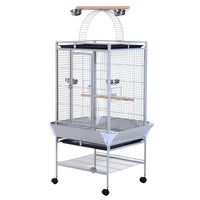 PawHut 64" H Bird Cage with Pull Out Tray, Play Top and Storage Shelf - Silver-Two wooden perches and an arched bridge, make birds feel like in the branch 