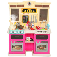 Qaba Kids Kitchen Playset for Toddler with Real Lights and Sounds, Sink - Pink-Realistic stove sprays mist and boils water, offering an immersive cooking experience 