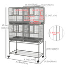 PawHut 61" H Divided Rolling Bird Cage with Removable Metal Tray and Storage Shelf - Dark Grey-4 universal wheels and 2 with brakes ensure quick and safe movement 