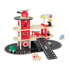 Janod Fire Station Toy Set-Wooden fire station with 2 firefighters, a helicopter, and 4 vehicles.