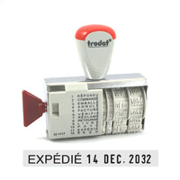 Trodat 1117 Phrase Dater Stamp - 4 mm - French-Business phrases include: Repondu, Commandé, Emballé, Annulé, Facturé, Vérifié, Réclamé, Retourné, Livré, Payé, Expédié et Reçu