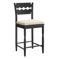 Modway Jax Oak Wood Counter Stool With Wavy Razor Back and Cushion - Black Linen-Solid Oak Counter Stool