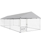 PawHut Outdoor Dog Run with Adjustable Rotating Bowls - 19.7' x 7.5' x 5.2' - Silver-Galvanized metal tubing and thick steel wire mesh ensure lasting strength 