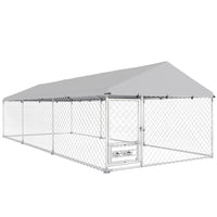 PawHut Outdoor Dog Run with Adjustable Rotating Bowls - 19.7' x 7.5' x 5.2' - Silver-Galvanized metal tubing and thick steel wire mesh ensure lasting strength 