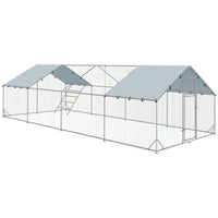 PawHut Large Metal Chicken Run with Cover for 24-30 Chickens - 9.8' x 26.2' x 6.4' - Silver-Spacious 258 sq. ft (24 m²) area comfortably accommodates 24-30 chickens 