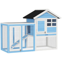 PawHut 49" Wooden Rabbit Hutch with Slant Roof and Run - Light Blue-Large rabbit hutch with outdoor run, ideal for rabbits, bunnies, and other small animals 