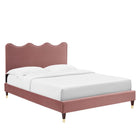 Modway Current Performance Velvet Queen Platform Bed with Wood Legs and Gold Metal Sleeves - Dusty Rose-Reinforced Center Beam and Support Legs 