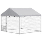 PawHut Outdoor Dog Run with Adjustable Rotating Bowls - 6.6' x 6.6' x 5.1' - Silver-Galvanized metal tubing and thick steel wire mesh ensure lasting strength 