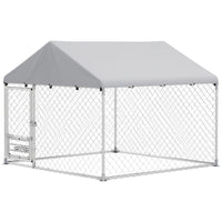 PawHut Outdoor Dog Run with Adjustable Rotating Bowls - 6.6' x 6.6' x 5.1' - Silver-Galvanized metal tubing and thick steel wire mesh ensure lasting strength 