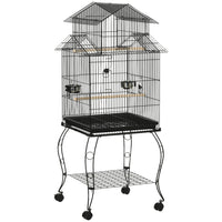PawHut 53" H Large Bird Cage with Detachable Rolling Stand and Storage Shelf - Black-A large front doors and two food doors for easy access 