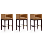 Manhattan Comfort Kingsley 21" Mid-Century Modern Faux Leather Upholstered Bar Stool - Camel and Dark Walnut - 3 Pack-Mid-Century Modern Barstool with Backseat Perfect for Bar and Kitchen Use. Set of 3