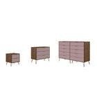 Manhattan Comfort Rockefeller Mid-Century Modern Bedroom Dresser 3-Piece Set - Nature/Rose Pink-Mid-Century Modern Tall Double Wide Dresser, Standard Dresser and Nightstand Dresser for Bedroom Use. Set of 3.
