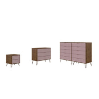 Manhattan Comfort Rockefeller Mid-Century Modern Bedroom Dresser 3-Piece Set - Nature/Rose Pink-Mid-Century Modern Tall Double Wide Dresser, Standard Dresser and Nightstand Dresser for Bedroom Use. Set of 3.