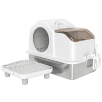 PawHut Extra Large Stainless Steel High Sided Cat Litter Box-Enclosed design minimizes odours for fresher air 