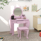 Qaba Kids Vanity Table with Mirror & Stool - Cat Design - Pink-A cute cat design that'll uplift any room 
