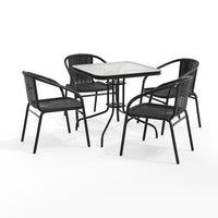 Flash Furniture 28" Square Glass Metal Table with Black Rattan Edging & 4 Black Rattan Stack Chairs-Table and Chair Set