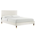 Modway Yasmine Channel Tufted Performance Velvet Full Platform Bed with Wood Legs and Gold Metal Sleeves - White-Stain-Resistant Performance Velvet