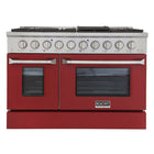 Kucht 48" KNG Series Pro Style Natural Gas Range - Stainless Steel/Red-Cook and bake like a pro with two separate ovens featuring large oven windows. The main oven is a heavy-duty blue porcelain oven with 4.2-cu-ft of capacity, while the additional side oven has 2.5-cu-ft of capacity