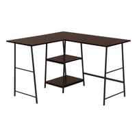 Monarch Specialties 7590 48" Computer Desk - Espresso Top/Black Metal Corner-Industrial-style computer desk with 2 fixed, open shelves supported by sawhorse-style legs in metal