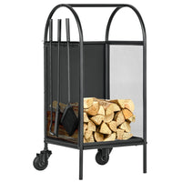 Outsunny 15" Firewood Rack with Wheels - Tools - Wood Storage Rack - Black-Keeps wood clean, dry, off the ground and mess-free