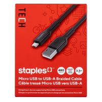 Staples TECH Micro USB to USB-A Charging Cable - 3.3 ft. - Black-3.3ft (1m) micro USB to USB-A durable braided anti-tangle cable