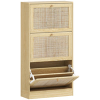 HOMCOM Rattan Shoe Storage Organizer with 3 Flip Drawers - Oak-Oak finish with rattan fronts and knobs for a boho chic style
