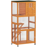 PawHut 36" L Outdoor Cat House Catio with Wheels and Asphalt Roof - Orange-Outdoor cat enclosure accommodates 1-3 cats up to 13lbs (6kg) 