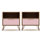 Manhattan Comfort Rockefeller 20.08" Mid-Century Modern 1-Drawer Nightstand 2-Piece Set - Nature/Rose Pink-2-Piece Mid-Century Modern Nightstand for Bedroom and Living Room Use