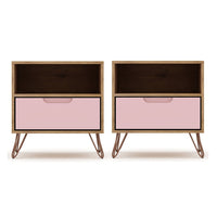 Manhattan Comfort Rockefeller 20.08" Mid-Century Modern 1-Drawer Nightstand 2-Piece Set - Nature/Rose Pink-2-Piece Mid-Century Modern Nightstand for Bedroom and Living Room Use