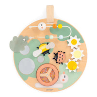Janod Sweet Cocoon Busy Board-Wooden activity board with garden animal-themed features.