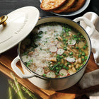 Tramontina 5.5 Qt Enameled Cast Iron Round Dutch Oven - Latte with Gold Stainless Steel Knob-Moisture-Locking Lid: Equipped with self-basting condensation ridges on the cast iron lid to uniformly collect and direct vapors back onto food, creating moist and flavorful dishes