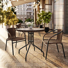Flash Furniture 28" Round Glass Metal Table with Dark Brown Rattan Edging & 2 Dark Brown Rattan Stack Chairs-Set Includes Table and 2 Chairs