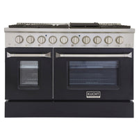 Kucht 48" KNG Series Pro Style Propane Gas Range - Stainless Steel/Black-Cook and bake like a pro with two separate ovens featuring large oven windows. The main oven is a heavy-duty blue porcelain oven with 4.2-cu-ft of capacity, while the additional side oven has 2.5-cu-ft of capacity