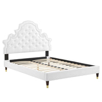 Modway Gwyneth Tufté Performance Velours Lit Plateforme Full Avec Pieds en Bois et Manchons Dorés - Blanc-Lit de plateforme complet