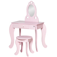 Qaba Kids Vanity Table Set with Mirror and Stool - Pink-Two-piece set: dressing vanity table and matching stool 