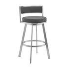 Armen Living Roman 26" Counter Height Swivel Bar Stool in Grey Faux Leather & Brushed Stainless Steel-It can be tough crafting the perfect stool for our customers, we are always thinking of the most unique ideas for the best user experience. Providing these features is one way we can do this and help exceed your expectations. The wonderful full 360-degree swivel function allows for maximum mobility. The smooth glide swivel function allows you to change directions with ease, making this your new favorite sto