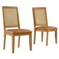 Modway Arlo Vegan Leather Upholstered Faux Rattan and Wood Dining Side Chairs - Natural/Tan - 2 Pack-Set of 2 Dining Chairs