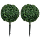 HOMCOM 27.6" Artificial Boxwood Topiary Trees with Ground Stakes - Green - 2 Pack-Realistic boxwood topiary ball with eucalyptus leaves for added texture and natural look 