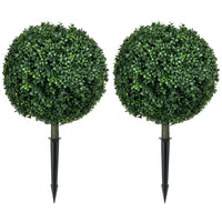 HOMCOM 27.6" Artificial Boxwood Topiary Trees with Ground Stakes - Green - 2 Pack-Realistic boxwood topiary ball with eucalyptus leaves for added texture and natural look 
