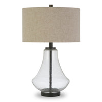 Hudson&Canal Lagos 23" Tall Table Lamp with Fabric Shade - Seeded Glass/Blackened Bronze/Flax-Coastal design for your living room, workspace, or bed side table