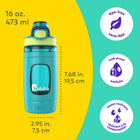 Bubba Kids Flo Water Bottle - 16 oz (473 ml) - Wide Mouth - Silicone Sleeve - Push Button Lid - Scuba/Limelight-Portable design with a built-in carry handle and a push button lid for one-handed drinking