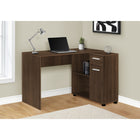 Monarch Specialties 7348 46" Computer Desk - Dark Walnut/Storage Cabinet-Open and closed storage options on the right side include 2 cubbies with 1 fixed shelf panel, 1 storage drawer with a silver handle and metal drawer glides, and 1 cabinet with a silver handle and metal door hinges