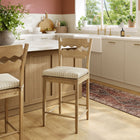 Modway Jax Oak Wood Counter Stool With Wavy Razor Back and Cushion - Weathered Oak Oatmeal Stripe-Fabric Seat Cushion