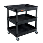 Luxor 3 Shelf Tub Cart, Black, (TC111-B)-These Luxor TC series utility carts are made of high density polyethylene structural foam molded plastic shelves and legs that won't stain, scratch, dent or rust. Features a retaining lip around the back and sides of flat shelves.
