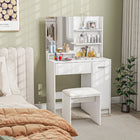 HOMCOM Vanity Desk with Stool - 31.5" L x 15.7" W x 52" H - White-3 shelves and a compartment in large tabletop for ample storage 