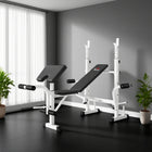 Soozier Adjustable Weight Bench with Squat Rack - White-Posts on the frame for 1" (2.5 cm) barbell plate storage to keep weights organized