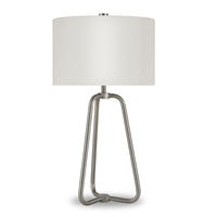 Hudson&Canal Marduk 25.5" Tall Table Lamp with Fabric Shade - Brushed Nickel/White-Mid-century modern design for your living room, workspace, or bed side table