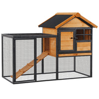 PawHut 36" H Wood and Metal Large Rabbit Hutch with Slide-Out Tray - Black/Natural-High quality fir wood and metal frame in exquisite build with elevated living room, run backyard, ramp and door 